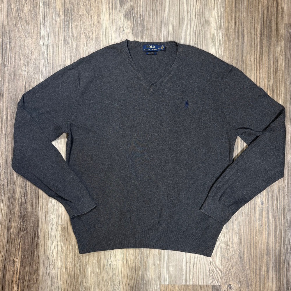 Polo Ralph Lauren V-Neck Pima Cotton Sweater Preppy Layering Charcoal Grey Men L